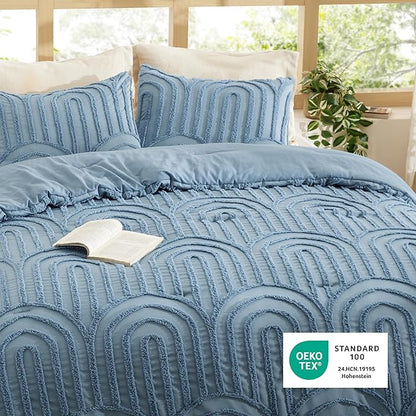 Bedsure Boho Tufted Blue Comforter Set Queen Size, GentleSoft™ 3 Pieces Boho Farmhouse Decor Bedding, Arch Shabby Chic Bedding for All Seasons, 1 Bed Comforter, 2 Pillow Shams, 90x90 Inches