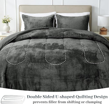 YIYEA Faux Fur Comforter Set Queen Size with Fitted Sheet, Luxury Ultra Soft Fuzzy Comforter, Fluffy Plush Velvet Bedding Comforter Sets for Fall Winter, Cozy Warmth, No Shedding, 4PC, Grey
