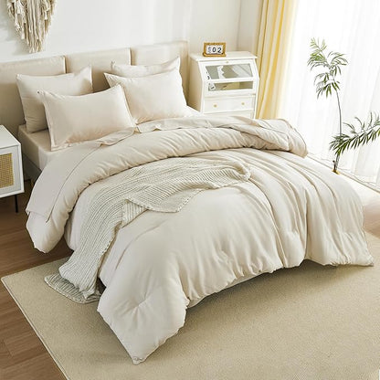 Litanika Twin XL Comforter Set Beige - 5 Pieces Twin Extra Long Bed in a Bag for College Dorm, All Season Bedding Set for Girls and Boys, Cream Soft Bed Set