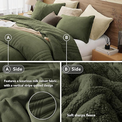 Monbix Fluffy Full Comforter Set Olive Green, Sherpa Plush Fuzzy Comforter 3 Piece for Full Size Bed, Luxury Soft Winter Warm Bedding Set