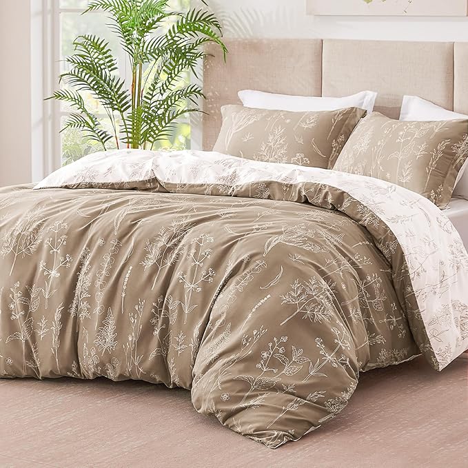 Love's cabin Light Taupe Twin Comforter Set - Twin XL Size Dorm Bedding, 2 Pieces Cute Floral Bedding Comforter Set, Soft Reversible Flowers Comforter, 1 Comforter & 1 Pillow Sham