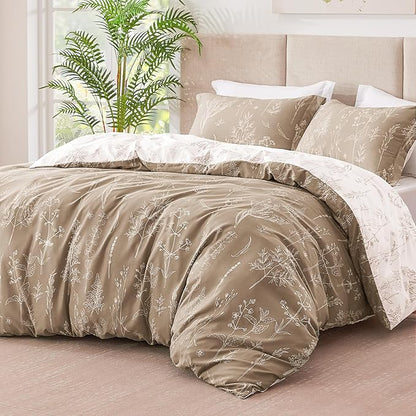 Love's cabin Light Taupe Comforter Set Queen - Queen Size Comforter Set, 3 Pieces Cute Floral Bedding Sets for All Seasons,1 Soft Reversible Botanical Flowers Comforter and 2 Pillow Shams
