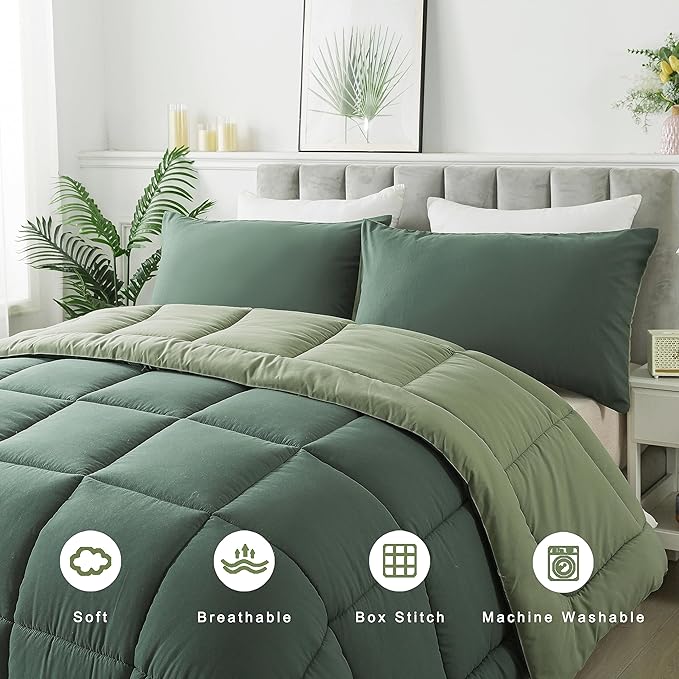 DOWNCOOL King Size Comforter Set -All Season Bedding Comforters Sets with 2 Pillow Cases -3 Pieces Bed Set Down Alternative King Bedding Set -Double Green King Comforter Set(102"x90")