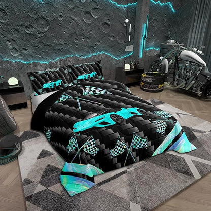 jejeloiu Teal Race Car Bedding Set King Size Extreme Sports Comforter Set for Kids Teens Adult Fast and Furious Duvet Set Dazzling Flag Quilt Set 3Pcs