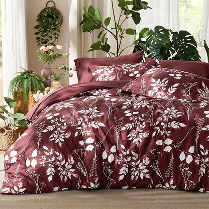 Bedsure Queen Comforter Set - 7 Pieces Floral Burgundy Soft Bedding Sets, Queen Bed in a Bag with Botanical Flowers Comforter, Sheets, Pillowcases & Shams