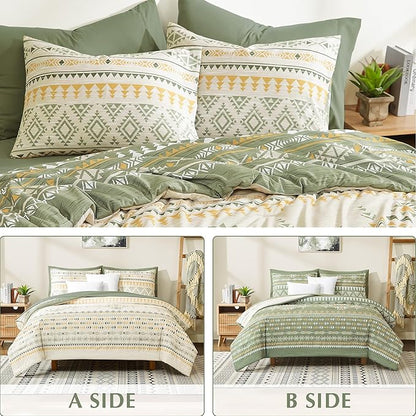 Geniospin Queen Comforter Set - 7 Pieces Reversible Bedding Set, Boho Bed in A Bag, Lightweight Soft Aztec Bedding, All Season Bed Comforter Set with Sheets, Pillowcases & Shams