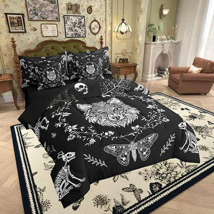 Castle Fairy Wild Wolf Comforter Set Full Size,Gothic Moth Animals Skeleton Bedding Set,Weed Floral Black White Bed Set 7 Pieces(Comforter+Fitted+Flat Sheet+Pillowcase+Pillow Cover)
