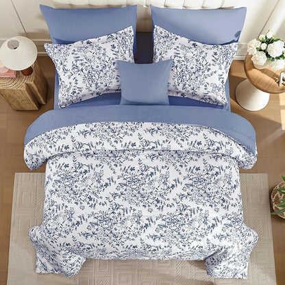 WONGS BEDDING Blue Floral Comforter Set Queen Size, 8 Pieces Flower Botanical Bed in a Bag Bedding Set, Soft Microfiber Comforter, Sheets, Pillowcases & Shams (90"x90")