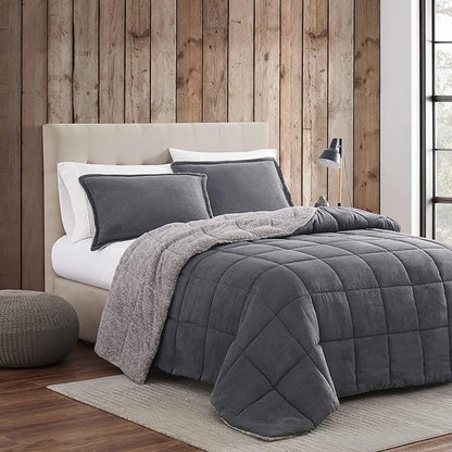 Eddie Bauer - Queen Comforter Set, Microsuede Bedding with Soft Sherpa Reverse, 3 Piece Bed Set with Matching Pillowcases (Sherwood Grey)