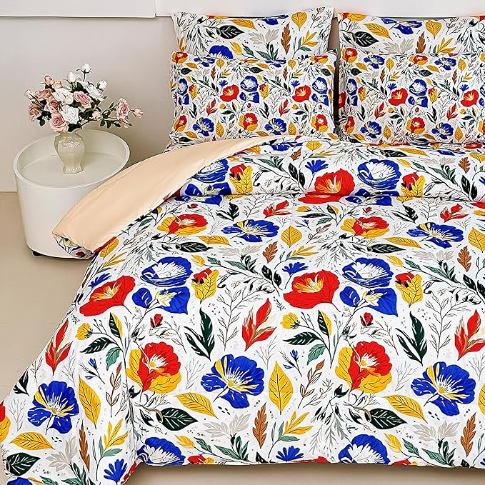 Floral Queen Comforter Set with Sheets, 7 Piece Luxury Vintage Bedding, Soft Microfiber Bed in a Bag, Cozy Lightweight Bed Set, Blue Orange Flower