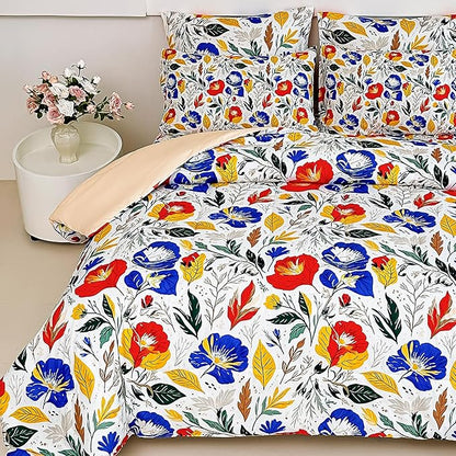 Floral Queen Comforter Set with Sheets, 7 Piece Luxury Vintage Bedding, Soft Microfiber Bed in a Bag, Cozy Lightweight Bed Set, Blue Orange Flower
