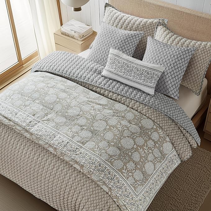 Levtex Home - Aditya Taupe Quilt Set - King Quilt and Two King Shams - Bordered Medallion - Grey White Taupe - Quilt (106x92in.) and Shams (20x36in.) - Reversible - Cotton