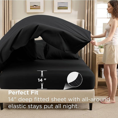 Bedsure 7 Pieces Queen Comforter Set Premium Series, Hotel Luxury Soft Bed in a Bag, Goose Down Alternative, Safe for Sensitive Skin Bedding Comforter All Season Medium Warmth, Black Queen Size