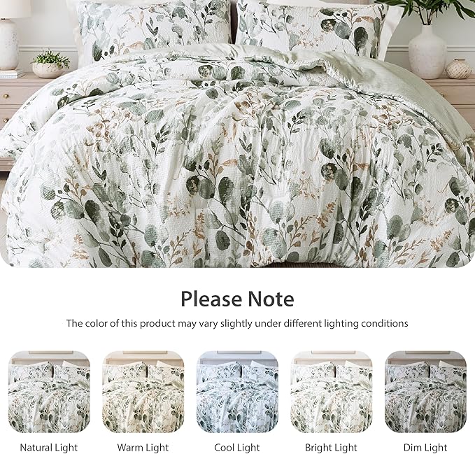 Lightweight Seersucker Botanical Comforter Set Twin Size, 2 Pieces Reversible Design with Striped Print, Premium Microfiber Bedding Set, Comforter and Sham Set, Green