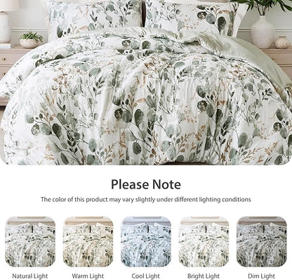 Lightweight Seersucker Botanical Comforter Set Queen Size, 3 Pieces Reversible Design with Striped Print, Premium Microfiber Bedding Set, Comforter and Sham Set, Green