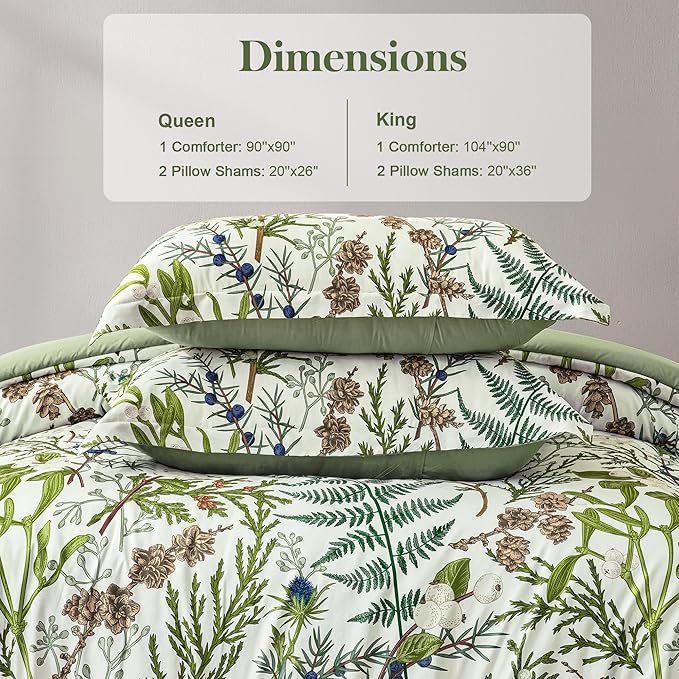 Queen Comforter Set - 3 Pieces Botanical Bedding Comforter Set, 1 Soft Vintage Beige Plant Flowers Comforter (90"x90") and 2 Pillow Shams(20"x26") Ultra-Soft Comfort Suitable for All Seasons