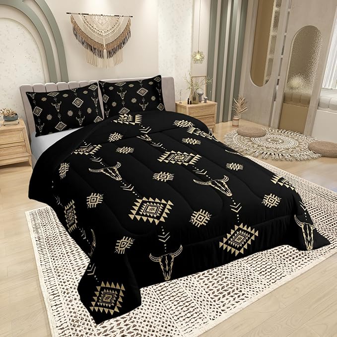 Castle Fairy Cow Skull Bed Comforter Set Queen Size,Aztec Bohemia Tribal Exotic Super Soft Microfiber Bedding Set for Girls Boys,Western Cowboy Black Gold Decorative Quilter Set 3 Pcs