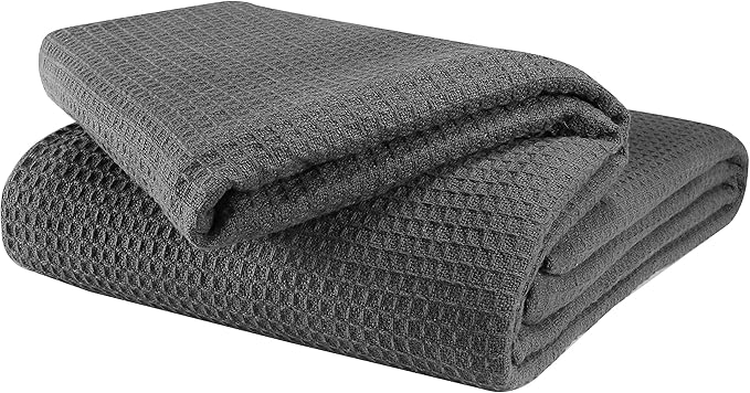 Glamburg 100% Cotton Thermal Bed Blanket, Twin Size, Soft Waffle, All Season, Charcoal