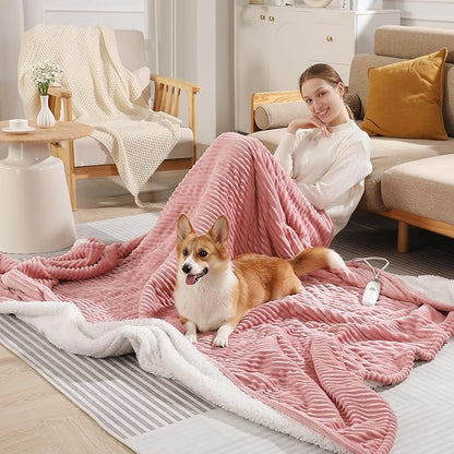 Electric Blanket Twin Heated Blanket 62"x84" Striped Flannel & Thick Sherpa, 5 Heat Settings & 10 Hour Auto Off with FCC/ETL Certified, Overheat Protection & Machine Washable, Pink
