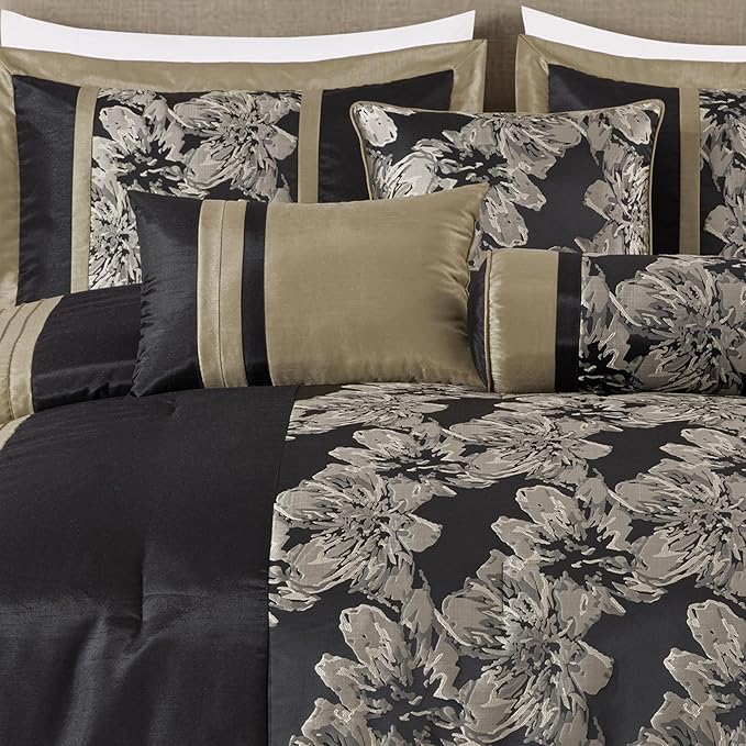 Chezmoi Collection Kelsey Comforter Set California King Size, 7-Piece Black Gold Hibiscus Floral Jacquard Bedding Set