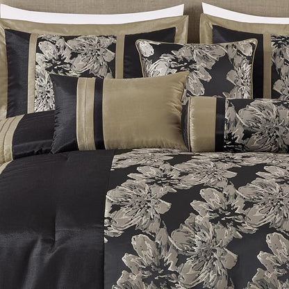 Chezmoi Collection Kelsey Comforter Set King Size, 7-Piece Black Gold Hibiscus Floral Jacquard Bedding Set