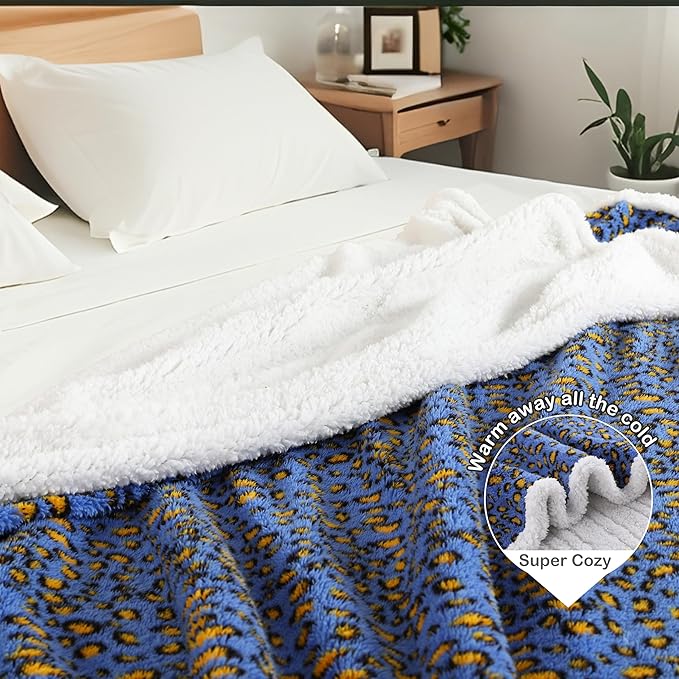 Electric Heated Blanket Throw Size 50"×60" with 9 Heating Levels & 1-10 Hs auto Off, Heating Throw Double Sided Sherpa, Energy Efficient, Machine Washable, Leopard Print Blue & Yellow