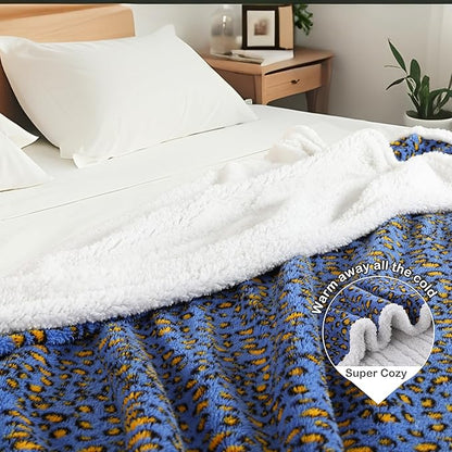 Electric Heated Blanket Throw Size 50"×60" with 9 Heating Levels & 1-10 Hs auto Off, Heating Throw Double Sided Sherpa, Energy Efficient, Machine Washable, Leopard Print Blue & Yellow