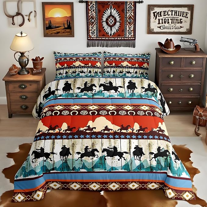 Feelyou Kids Full Aztec Red Comforter Full Size, Southwestern Cowboys Comforter Set for Boys Girls Horse Bedding Set Boho Tribal Duvet Set Microfiber Bed Set