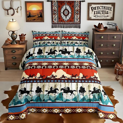 Feelyou Kids Full Aztec Red Comforter Full Size, Southwestern Cowboys Comforter Set for Boys Girls Horse Bedding Set Boho Tribal Duvet Set Microfiber Bed Set