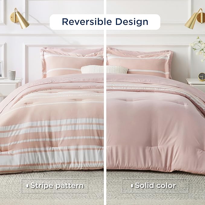 Bedsure Full Comforter Set 7 Pieces, Light Pink Striped Bedding Set for All Seasons, Reversible, Cationic Dyeing Bed in a Bag with Comforter, Sheets, Pillowcases & Shams