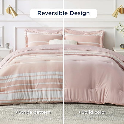 Bedsure Full Comforter Set 7 Pieces, Light Pink Striped Bedding Set for All Seasons, Reversible, Cationic Dyeing Bed in a Bag with Comforter, Sheets, Pillowcases & Shams