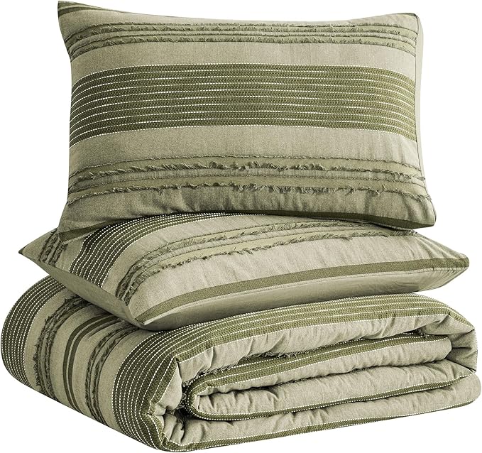 Wonderful Army Green Comforter Set Queen Size, Yarn Dyed Farmhouse Striped Cotton Lightweight Boho Comforter with Pillow Shams, Fluffy Bedding Set for All Season