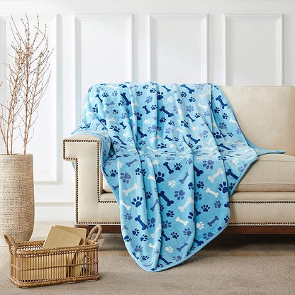 Allisandro Luxurious Dog Blanket, 350 GSM Super Fuzzy Microplush Fleece Pet Blankets for Small Medium Large Dogs and Cats, Blue Paw and Bone, 80" x 64"