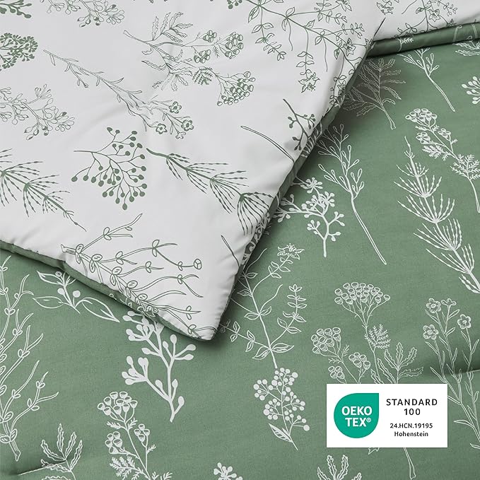 Bedsure Full Comforter Set - Green Bed Set, 3 Pieces Cute Floral Bedding, 1 Soft Reversible Botanical Flowers Comforter and 2 Pillow Shams
