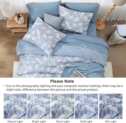 King Comforter Set -7 Pieces Blue Floral Comforter Set for All Seasons, Bed in a Bag King with Botanical Flowers Comforter, Sheets, Pillowcases & Shams