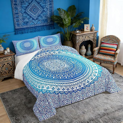 Blue Mandala Comforter Set for Teens Hippie Mandala Bedding Set Psychedelic Bedding Home Decor for Kids Comforter Twin Size 2 Pcs Art Bohemian Quilted Duvet Set 1 Comforter with 1 Pillowcase