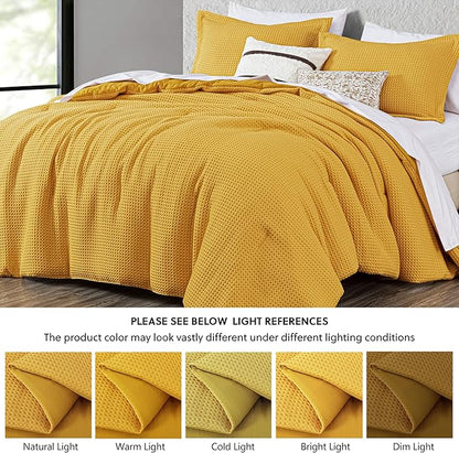 Chezmoi Collection Wilmer 3-Piece Oversized King Comforter Set, Gold, Soft and Cozy Lightweight Waffle Weave Comforter Bedding for All Season