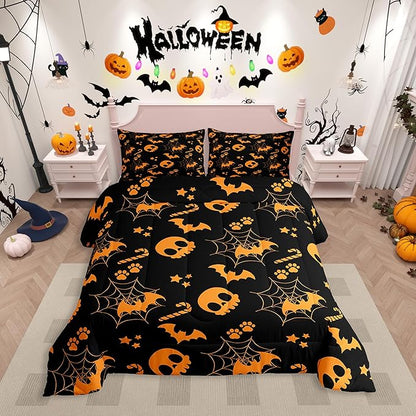 Erosebridal Cute Orange Halloween King Bedding Set Spider Web Skull Bat Comforter Set Spooky Goth Gothic Animal Bed Collections Horror Halloween Duvet Quilt Sets for Kids Teens Adults