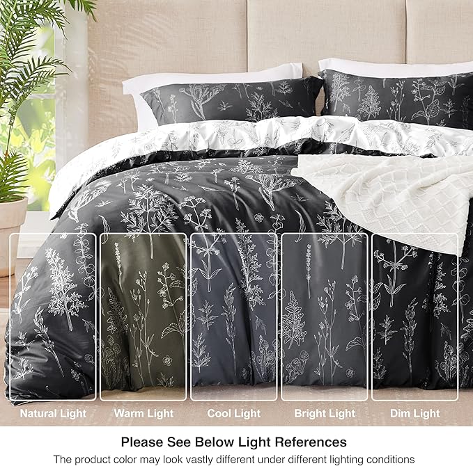 Love's cabin Black Full Size Comforter Set - Full Comforter Set, 3 Pieces Cute Floral Bedding Sets for All Seasons,1 Soft Reversible Botanical Flowers Comforter and 2 Pillow Shams