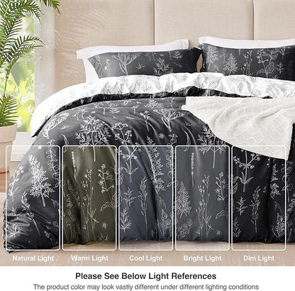 Love's cabin Black Queen Comforter Set - Queen Size Comforter Set, 3 Pieces Cute Floral Bedding Sets for All Seasons,1 Soft Reversible Botanical Flowers Comforter and 2 Pillow Shams
