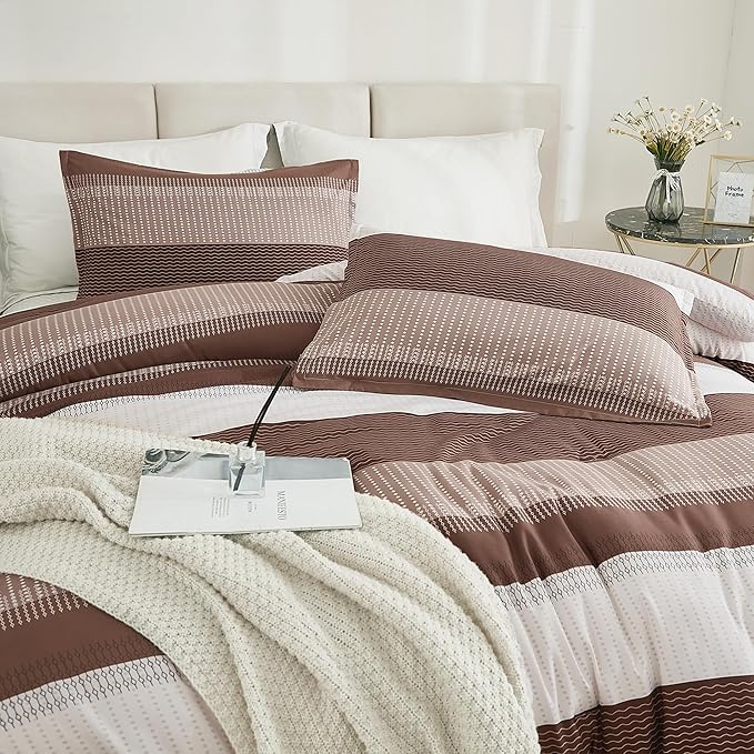 Litanika Brown Comforter Set California King - 3 Pieces Lightweight Brown White Colorblock Stripe Fluffy Bedding Comforter Sets, All Season Bed Set