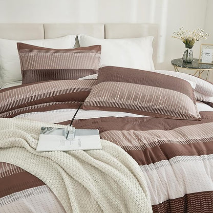 Litanika Brown Comforter Set Full - 3 Pieces Lightweight Brown White Colorblock Stripe Fluffy Bedding Comforter Sets, All Season Bed Set