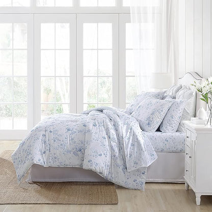Laura Ashley - King Comforter Set, Reversible Cotton Bedding with Matching Shams, Medium Weight for Year Round Use, Oeko-Tex Certified (Belinda Blue)