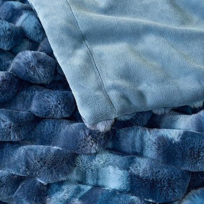 Cozy Bliss Faux Fur Throw Blanket for Couch, Cozy Warm Plush Striped Blanket for Sofa Bedroom Living Room, 90 * 90 Inches Tie-dye Blue