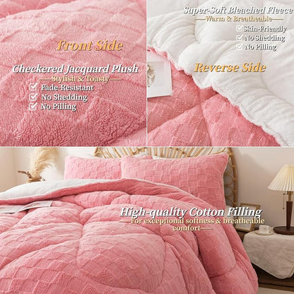 ELNIDO QUEEN® Fluffy Comforter Set King, Pink Winter Fleece Comforter Ultra Soft & Extra Pluffy Plush Comforter Set, Cozy Fuzzy Bed Comforter 3 Pieces (1Comforter, 2 Pillowcases),102x90 inch