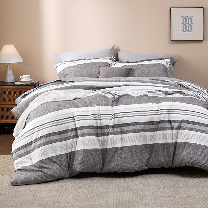 Bedsure King Comforter Set 7 Pieces, Frost Grey Striped Bedding Set for All Seasons, Reversible, Cationic Dyeing Bed in a Bag with Comforter, Sheets, Pillowcases & Shams