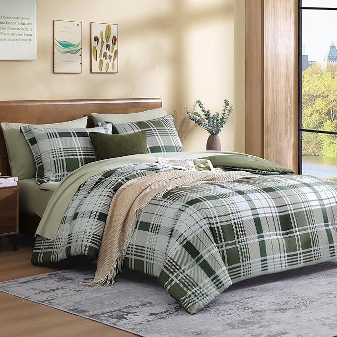 MaiRêve Plaid Queen Comforter Sets Olive Green, Classic Farmhouse Bedding Set Bed in a Bag 7 Pieces, Lightweight All Season Comforter Set with Fitted & Flat Sheet, Pillowcases & Shams