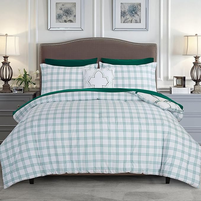 Elegant Comfort 8-Piece Lodge Plaid Reversible Comforter Set-All Season Bed in a Bag, 4-Piece Sheet Set Featuring Smart Pockets,Matching Shams and Decorative Pillow,King/California King, Emerald Green
