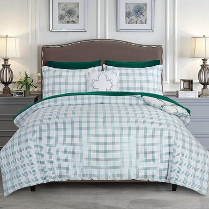 Elegant Comfort 8-Piece Lodge Plaid Reversible Comforter Set-All Season Bed in a Bag, 4-Piece Sheet Set Featuring Smart Pockets,Matching Shams and Decorative Pillow,King/California King, Emerald Green