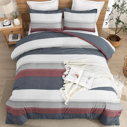 Litanika Comforter Set Queen Size Red Blue - 3 Pieces Lightweight Colorblock Stripe Fluffy Bedding Comforter Sets, All Season Bed Set